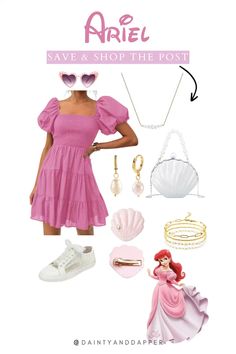 a woman in pink dress standing next to other items and accessories on white background with text that reads ariel save & shop the post