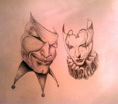 a drawing of two evil clowns facing each other with their faces drawn in pencil