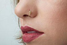 a woman's nose with a tiny gold nose pin on it