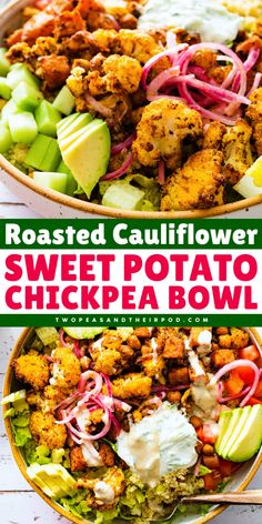 Roasted Cauliflower, Sweet Potato, Chickpea Bowl- spiced roasted cauliflower, sweet potatoes, and chickpeas are combined with greens, quinoa, cucumber, avocado, pickled red onions, and tahini dressing to make a delicious and healthy bowl! This is a great meal prep recipe and perfect for lunch or dinner! Roasted Cauliflower Sweet Potato, Recipe Bowls, Cauliflower Sweet Potato, Chickpea Bowl, Potato Chickpea, Sweet Potato Bowls, Healthy Bowl, 2023 Recipes, 2024 Recipes