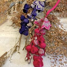 purple and red flowers on the ground next to dry grass with other dried plants in the background