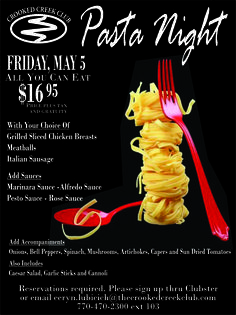 a flyer for pasta night with spaghetti on it and a red fork in the middle