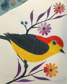 a painting of a bird sitting on a branch with flowers