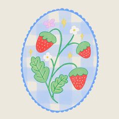 a drawing of strawberries on a blue and white checkered plate with daisies