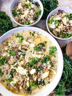 two white bowls filled with food next to broccoli