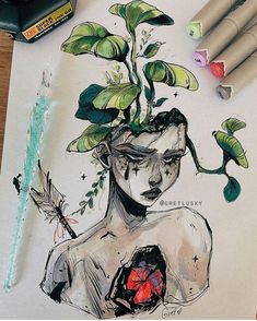 a drawing of a woman's torso with plants growing out of her head, surrounded by crayons and markers