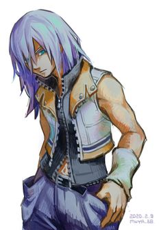 an anime character with purple hair and blue eyes, wearing a leather jacket while standing in front of a white background