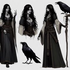 three different views of a woman and a crow