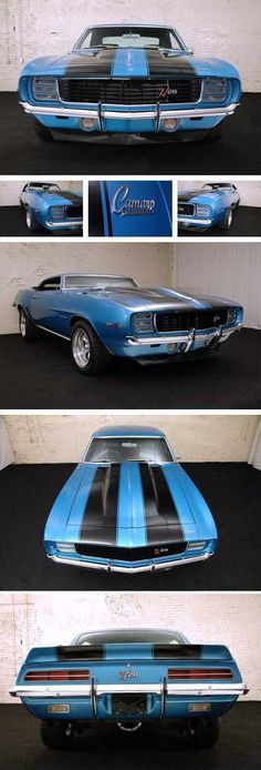 four different views of an old muscle car in blue and black with the hood up