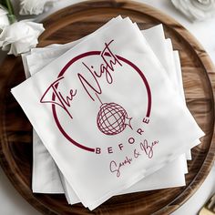 three napkins with the words, the night before and an image of a globe on them