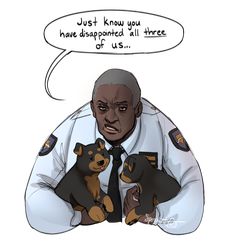 a police officer holding two small dogs in his lap with a thought bubble above him