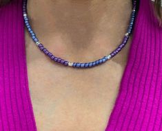 "This beautiful eye catcher pairs violet and purple beads with sparking silver accents.  Sleek, stylish and versatile this necklace can be worn alone or layered with your favorite silver chain and other beaded necklaces.  Perfect accessory for a night on the town or to complete any outfit, dress up or dress down.  Can be worn as a choker or longer 16\" or 18\" length." Lavender Beaded Necklace, Purple Beads, Beautiful Eye, Minimalist Gifts, Outfit Dress, Beaded Necklaces, Silver Accents, Beautiful Eyes, Dressed Down