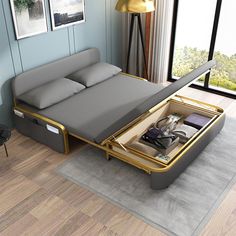 a bed that has been opened and is sitting on the floor