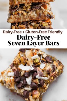 three different types of granola bars stacked on top of each other with text overlay that reads dairy - free gluten - free friendly seven layer bars