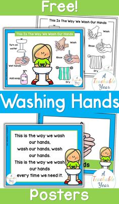 two posters with the words washing hands and an image of a child's hand