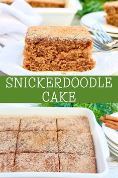 a slice of cake on a plate with the words, snickker doodle cake