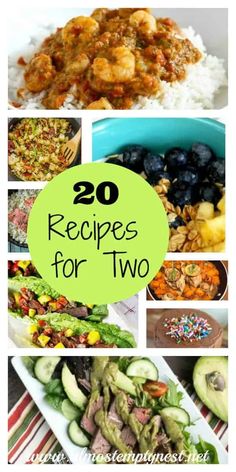 the cover of 20 recipes for two, with pictures of different foods and vegetables in them