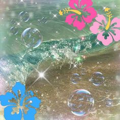 an image of bubbles floating in the air with flowers and stars above them on a beach