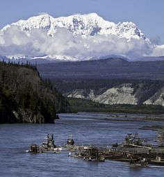 there are many boats that are in the water and some snow capped mountains behind them