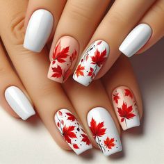 These fall nail designs are everything!#TattooDesigns #TattooInspiration #InkIdeas #TattooArt #Tatto How To Do Fall Leaves On Nails, Fall Nail Designs Maple Leaf, Maple Leaves Nails, Nails Red Design Ideas, Fall Nails Leaf, Maple Leaf Nails, Cute Floral Nails, White Nails Fall, Fall Leaves Nails