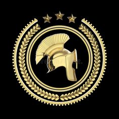 a golden helmet and laurel wreath on a black background with stars in the middle royalty illustration