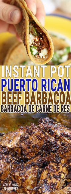 an image of a person holding a piece of food in their hand with the title instant pot puerto rican beef barbacoa