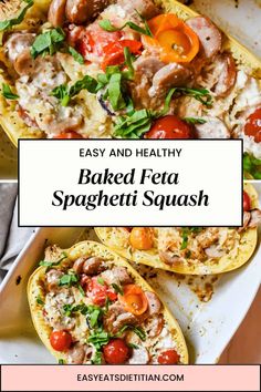 baked feta spaghetti squash with tomatoes, mushrooms and herbs in it on a white plate