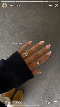 Short And Pointy Nails, Uneven French Nails, Natural French Tip Almond Nails, Clean Esthetic Nails, Women’s White Jean Outfits, Gel X Medium Almond, Short Oval White French Tip Nails, Neutral Nails For Work, Simple French Almond Nails