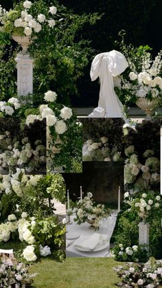 a collage of photos with white flowers and greenery in the background, including roses