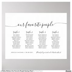 the wedding seating chart is shown in black and white, with calligraphy on it