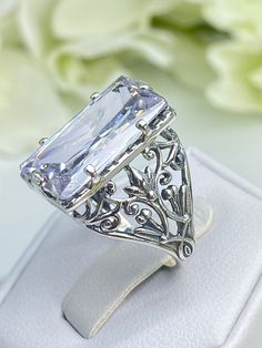 White CZ ring, Cubic Zirconia Baguette gem, Floral Leaf Filigree, Victorian Jewelry, Sterling silver Filigree, D32, Silver Embrace jewelry Dazzling White Rings For Evening, Cubic Zirconia Baguette Cut Party Rings, Cubic Zirconia Baguette Cut Ring For Parties, Party Rings With Baguette Cut Cubic Zirconia, Wedding Jewelry With Rectangular Cubic Zirconia, Elegant Party Crystal Ring, Diamond White Crystal Ring For Formal Occasions, Formal Crystal Ring In Diamond White, Elegant Diamond Crystal Ring For Parties