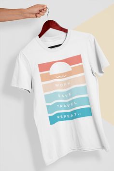 "Introducing the \"Work Save Travel Repeat\" T-Shirt - a stylish and comfortable way to express your love for the hustle and the journey.  This high-quality t-shirt is made of soft, breathable cotton and features a bold graphic print of the phrase \"Work Save Travel Repeat\" in a modern, minimalist design. Perfect for wearing to the office, on a weekend getaway, or while planning your next adventure.  Show off your dedication to the grind and your wanderlust with this unique and versatile tee. A Minimalist Tshirt Design, Work Save Travel Repeat, Shirt Concept, Travel Tshirt, Funny T Shirt Sayings, Travel Tees, Travel Savings, Modern Minimalist Design, The Grind