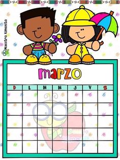 a calendar with two children holding umbrellas on it's side and the word marzo written in spanish