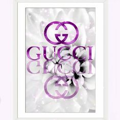 the word gucci is surrounded by flowers in purple and white colors on a pink background