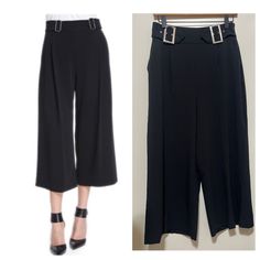 Jennifer Lopez Womens Pants 6 Black Cropped Dress Buckles Wide Leg Pockets Nwt Aprox 24”Inseam 36” Length Evening Pants With Belt Loops For Spring, Black Belted Bottoms For Office, Summer Formal Belted Bottoms, Black Flowy Dress, Metallic Jumpsuits, Gold Pants, Crop Dress, Wide Leg Dress Pants, Printed Wide Leg Pants