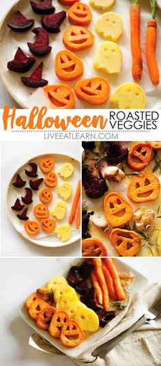 halloween roasted veggies on a plate with carrots and beets cut into faces