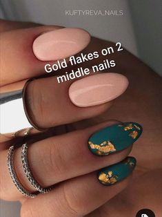 Gold Foil Nails Fall, Gray Nails With Gold Foil, Dark Green And Rose Gold Nails, Nail Ideas With Foil Flakes, Blue Geode Nails, Matte Nails With Foil, Gold Flake Nail Design, Teal And Gold Nails, Nails With Foil Flakes