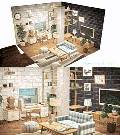 two pictures of a living room with furniture