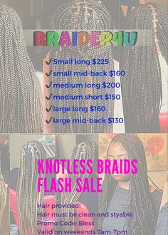 braids sale flyer with multiple styles and prices on the front, side, and back ends