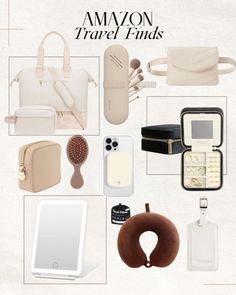 an assortment of travel items arranged on top of a white background with text that reads, ammon travel finds