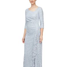 New, Elegant Lace Sequins Gown For Wedding Guests! Size 10p, Light Blue Petite Evening Dresses, Ruffled Gown, Evening Dress Collection, Ruffle Gown, Lace Formal Dress, Alex Evenings, Maxi Dress Evening, Review Dresses, A Line Gown