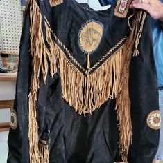 Original Piece From Gatlinburg, Tn. Beautiful Black Leather Suede Jacket Dressed In Brown Leather Suede Fringe With Spectacular Beadwork On The Arms And Shoulders. Black Leather Jacket With Long Sleeves For Festivals, Black Long Sleeve Leather Jacket For Festival, Black Long Sleeve Outerwear For Rodeo, Black Fall Outerwear For Rodeo, Black Outerwear For Fall Rodeo, Gatlinburg Tn, Suede Fringe, Gatlinburg, Suede Jacket