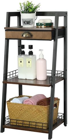 three tiered shelf with soap, shampoo and lotion bottles on the top