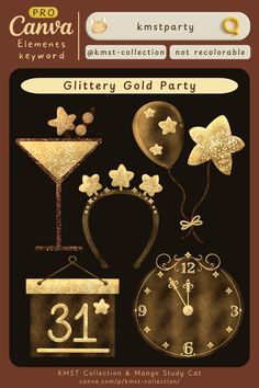 an image of gold party items with numbers and symbols on them, including balloons, clocks,