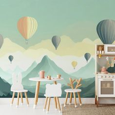 an image of a room with hot air balloons flying over the mountain range wall mural