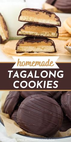 homemade tagalong cookies are stacked on top of each other with chocolate in the middle