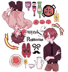 an anime character surrounded by food and other items