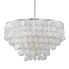 a white chandelier hanging from a ceiling fixture with lots of bubbles on it