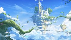 an image of a castle in the sky with trees and clouds around it, as well as some plants