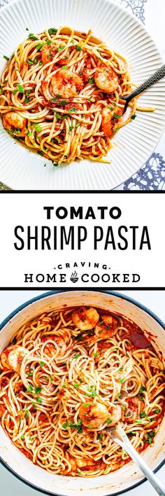 a plate of pasta with shrimp and tomato sauce on top, next to the same dish